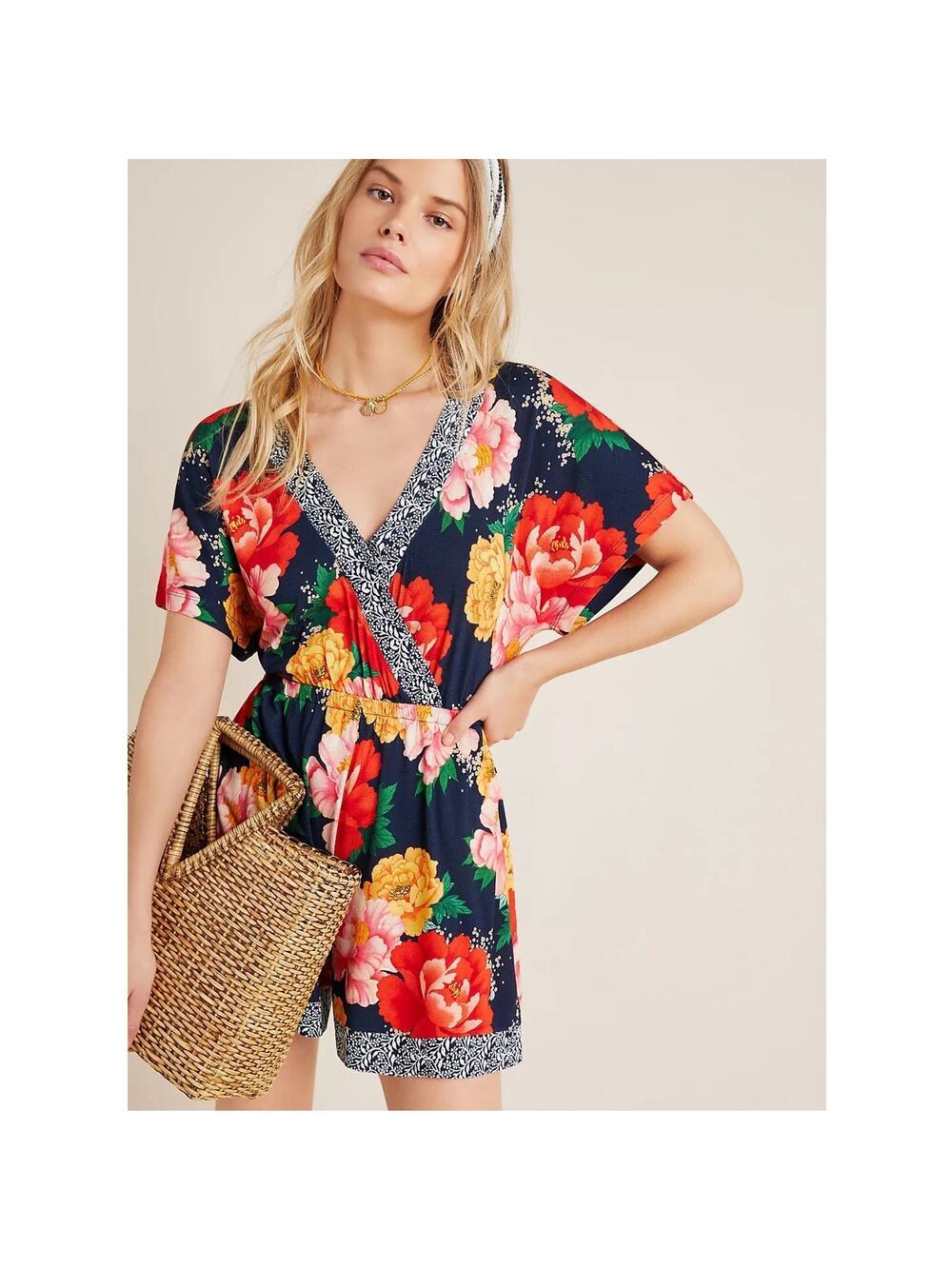 Farm Rio Mariposa Floral Romper Navy Pink Red Anthropologie Medium Boho Vacation